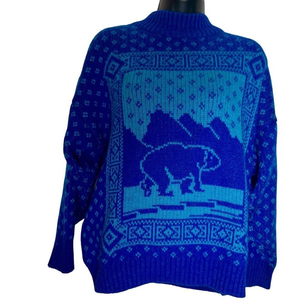 Vintage 80s Shetland Wool Blue Patterned Bear Mock Neck Sweater XL Australian